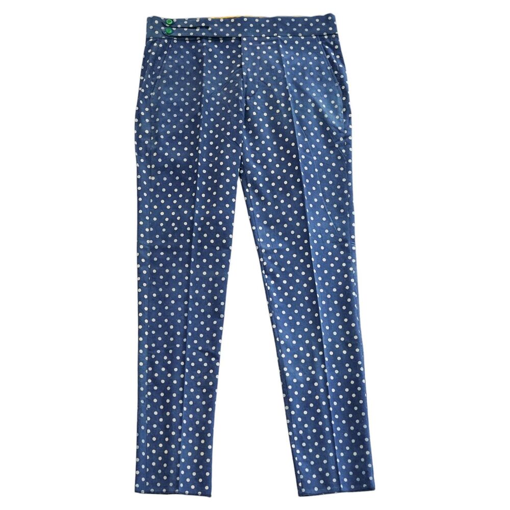 Mens 36 Gurkha Pants Blue White Polka Dot Cotton Flat Front Slim Fit Trousers